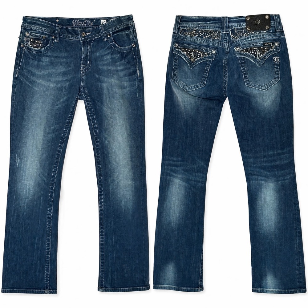 Miss Me Bootcut Jeans Women 30 Blue Medium Wash Bling Flap Pocket Y2K 33x32
